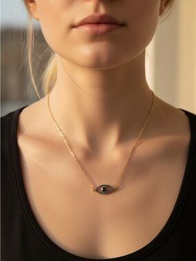 Gold Necklace with Blue Evil Eye Pendant - Women's Jewelry